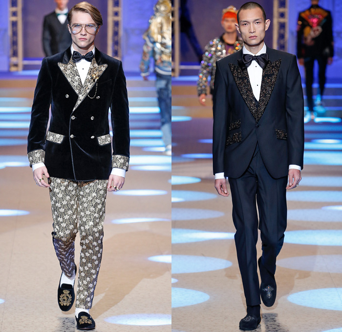 Dolce & Gabbana 2018-2019 Fall Autumn Winter Mens Runway Catwalk Looks - Milano Moda Uomo Milan Fashion Week Italy - King’s Angels Coat Parka Sweatshirt Fur Suit Blazer Turtleneck Bomber Biker Tuxedo Marching Band Jacket Bedazzled Lapel Shawl Robe Velvet Roses Flowers Floral Brocade Jacquard Crown Cherubim Pinstripe Knit Sweater Cardigan Religious Mother Mary Embroidery Sequins Crystals Lounge Leopard Jogger Denim Jeans Patchwork Bow Tie Slip-Ons Rosaries Fedora Pop Art Handbag Envelope Clutch