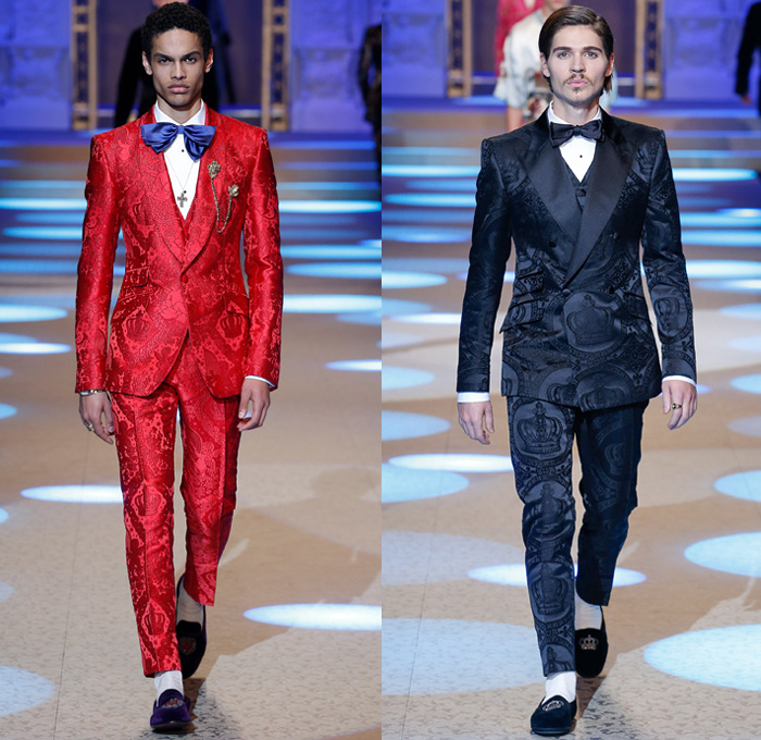 Dolce & Gabbana 2018-2019 Fall Autumn Winter Mens Runway Catwalk Looks - Milano Moda Uomo Milan Fashion Week Italy - King’s Angels Coat Parka Sweatshirt Fur Suit Blazer Turtleneck Bomber Biker Tuxedo Marching Band Jacket Bedazzled Lapel Shawl Robe Velvet Roses Flowers Floral Brocade Jacquard Crown Cherubim Pinstripe Knit Sweater Cardigan Religious Mother Mary Embroidery Sequins Crystals Lounge Leopard Jogger Denim Jeans Patchwork Bow Tie Slip-Ons Rosaries Fedora Pop Art Handbag Envelope Clutch