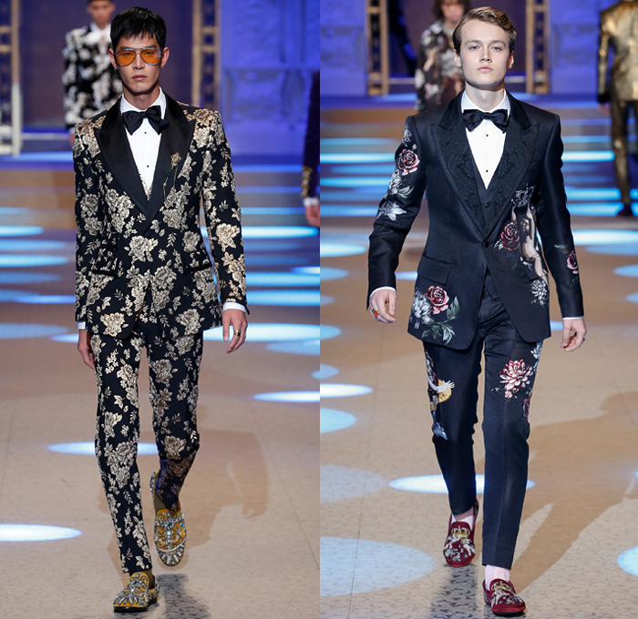 Dolce & Gabbana 2018-2019 Fall Autumn Winter Mens Runway Catwalk Looks - Milano Moda Uomo Milan Fashion Week Italy - King’s Angels Coat Parka Sweatshirt Fur Suit Blazer Turtleneck Bomber Biker Tuxedo Marching Band Jacket Bedazzled Lapel Shawl Robe Velvet Roses Flowers Floral Brocade Jacquard Crown Cherubim Pinstripe Knit Sweater Cardigan Religious Mother Mary Embroidery Sequins Crystals Lounge Leopard Jogger Denim Jeans Patchwork Bow Tie Slip-Ons Rosaries Fedora Pop Art Handbag Envelope Clutch