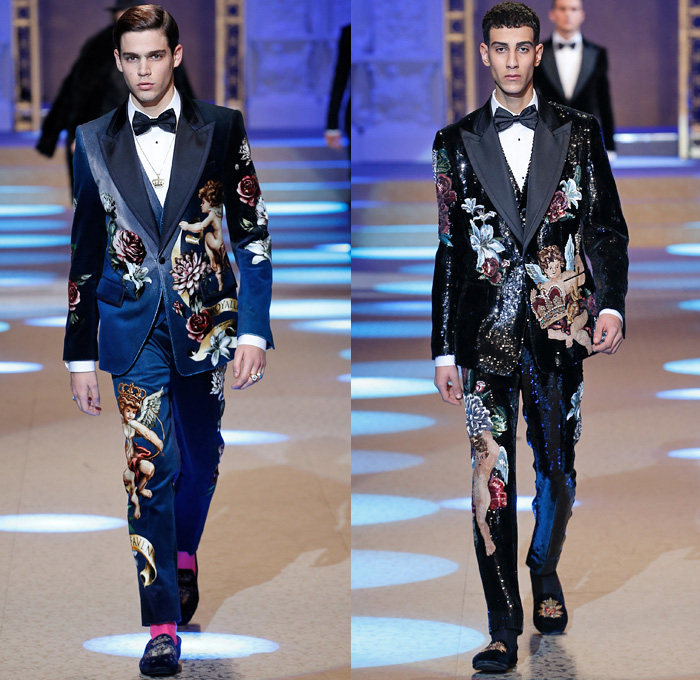 Dolce & Gabbana 2018-2019 Fall Autumn Winter Mens Runway Catwalk Looks - Milano Moda Uomo Milan Fashion Week Italy - King’s Angels Coat Parka Sweatshirt Fur Suit Blazer Turtleneck Bomber Biker Tuxedo Marching Band Jacket Bedazzled Lapel Shawl Robe Velvet Roses Flowers Floral Brocade Jacquard Crown Cherubim Pinstripe Knit Sweater Cardigan Religious Mother Mary Embroidery Sequins Crystals Lounge Leopard Jogger Denim Jeans Patchwork Bow Tie Slip-Ons Rosaries Fedora Pop Art Handbag Envelope Clutch