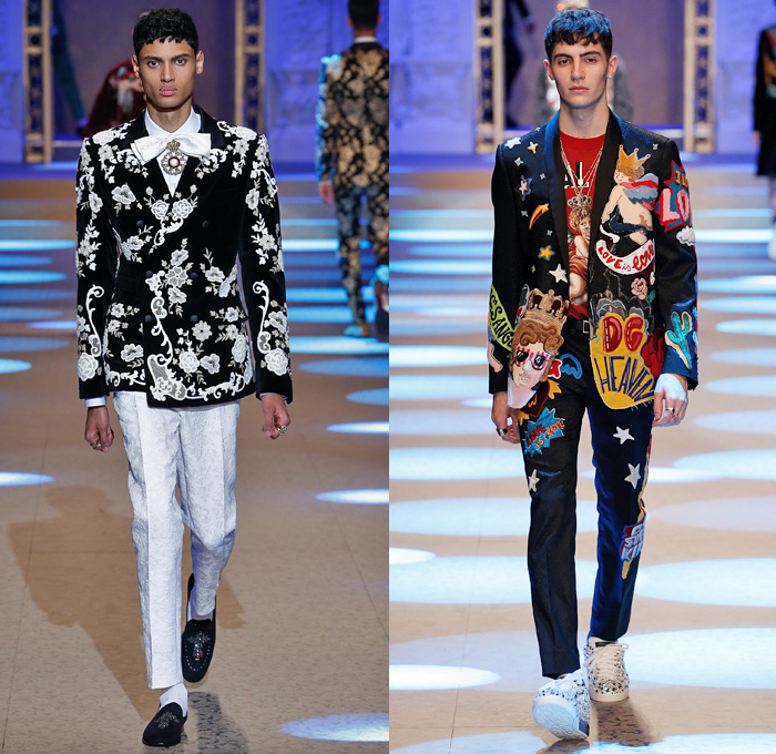 Dolce & Gabbana 2018-2019 Fall Autumn Winter Mens Runway Catwalk Looks - Milano Moda Uomo Milan Fashion Week Italy - King’s Angels Coat Parka Sweatshirt Fur Suit Blazer Turtleneck Bomber Biker Tuxedo Marching Band Jacket Bedazzled Lapel Shawl Robe Velvet Roses Flowers Floral Brocade Jacquard Crown Cherubim Pinstripe Knit Sweater Cardigan Religious Mother Mary Embroidery Sequins Crystals Lounge Leopard Jogger Denim Jeans Patchwork Bow Tie Slip-Ons Rosaries Fedora Pop Art Handbag Envelope Clutch