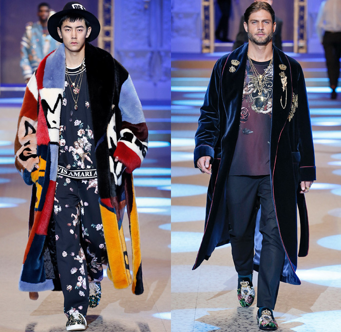 Dolce & Gabbana 2018-2019 Fall Autumn Winter Mens Runway Catwalk Looks - Milano Moda Uomo Milan Fashion Week Italy - King’s Angels Coat Parka Sweatshirt Fur Suit Blazer Turtleneck Bomber Biker Tuxedo Marching Band Jacket Bedazzled Lapel Shawl Robe Velvet Roses Flowers Floral Brocade Jacquard Crown Cherubim Pinstripe Knit Sweater Cardigan Religious Mother Mary Embroidery Sequins Crystals Lounge Leopard Jogger Denim Jeans Patchwork Bow Tie Slip-Ons Rosaries Fedora Pop Art Handbag Envelope Clutch