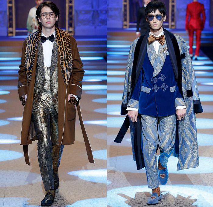 Dolce & Gabbana 2018-2019 Fall Autumn Winter Mens Runway Catwalk Looks - Milano Moda Uomo Milan Fashion Week Italy - King’s Angels Coat Parka Sweatshirt Fur Suit Blazer Turtleneck Bomber Biker Tuxedo Marching Band Jacket Bedazzled Lapel Shawl Robe Velvet Roses Flowers Floral Brocade Jacquard Crown Cherubim Pinstripe Knit Sweater Cardigan Religious Mother Mary Embroidery Sequins Crystals Lounge Leopard Jogger Denim Jeans Patchwork Bow Tie Slip-Ons Rosaries Fedora Pop Art Handbag Envelope Clutch