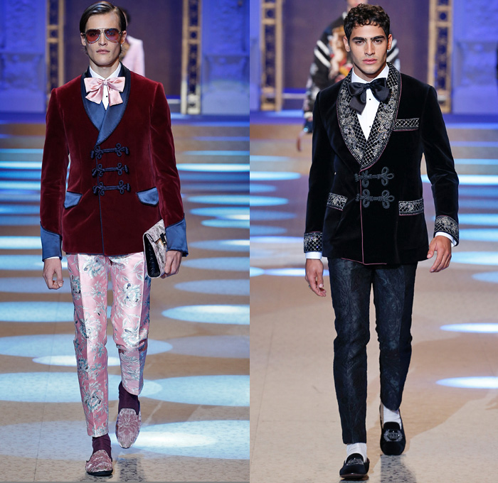 Dolce & Gabbana 2018-2019 Fall Autumn Winter Mens Runway Catwalk Looks - Milano Moda Uomo Milan Fashion Week Italy - King’s Angels Coat Parka Sweatshirt Fur Suit Blazer Turtleneck Bomber Biker Tuxedo Marching Band Jacket Bedazzled Lapel Shawl Robe Velvet Roses Flowers Floral Brocade Jacquard Crown Cherubim Pinstripe Knit Sweater Cardigan Religious Mother Mary Embroidery Sequins Crystals Lounge Leopard Jogger Denim Jeans Patchwork Bow Tie Slip-Ons Rosaries Fedora Pop Art Handbag Envelope Clutch