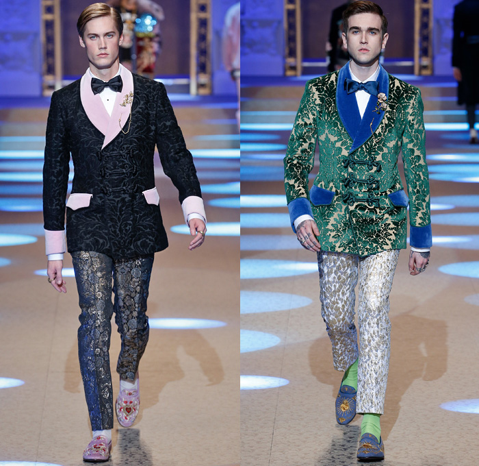 Dolce & Gabbana 2018-2019 Fall Autumn Winter Mens Runway Catwalk Looks - Milano Moda Uomo Milan Fashion Week Italy - King’s Angels Coat Parka Sweatshirt Fur Suit Blazer Turtleneck Bomber Biker Tuxedo Marching Band Jacket Bedazzled Lapel Shawl Robe Velvet Roses Flowers Floral Brocade Jacquard Crown Cherubim Pinstripe Knit Sweater Cardigan Religious Mother Mary Embroidery Sequins Crystals Lounge Leopard Jogger Denim Jeans Patchwork Bow Tie Slip-Ons Rosaries Fedora Pop Art Handbag Envelope Clutch