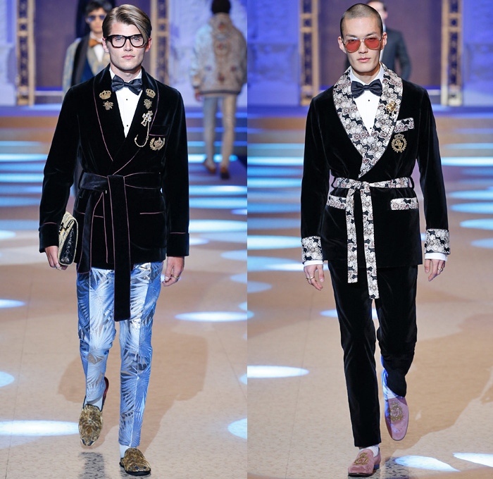 Dolce & Gabbana 2018-2019 Fall Autumn Winter Mens Runway Catwalk Looks - Milano Moda Uomo Milan Fashion Week Italy - King’s Angels Coat Parka Sweatshirt Fur Suit Blazer Turtleneck Bomber Biker Tuxedo Marching Band Jacket Bedazzled Lapel Shawl Robe Velvet Roses Flowers Floral Brocade Jacquard Crown Cherubim Pinstripe Knit Sweater Cardigan Religious Mother Mary Embroidery Sequins Crystals Lounge Leopard Jogger Denim Jeans Patchwork Bow Tie Slip-Ons Rosaries Fedora Pop Art Handbag Envelope Clutch