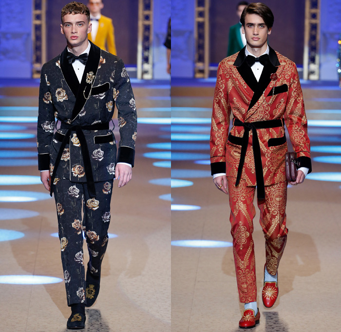 Dolce & Gabbana 2018-2019 Fall Autumn Winter Mens Runway Catwalk Looks - Milano Moda Uomo Milan Fashion Week Italy - King’s Angels Coat Parka Sweatshirt Fur Suit Blazer Turtleneck Bomber Biker Tuxedo Marching Band Jacket Bedazzled Lapel Shawl Robe Velvet Roses Flowers Floral Brocade Jacquard Crown Cherubim Pinstripe Knit Sweater Cardigan Religious Mother Mary Embroidery Sequins Crystals Lounge Leopard Jogger Denim Jeans Patchwork Bow Tie Slip-Ons Rosaries Fedora Pop Art Handbag Envelope Clutch