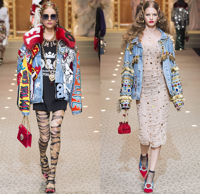 Dolce + Gabbana 2018-2019 Fall Autumn Winter Womens Runway Looks - Milan Fashion Week Italy - Leopard Zebra Embroidery Sequins Jewels Trinkets Ruffles Patches Pop Art Cherubs Religious Cross Feathers Cow Brocade Velvet Fringes Flowers Tulle Veil Brooch Lace Up Corset Tassels Houndstooth Tweed Hearts Pinstripe Fur Coat Pantsuit Robe Strapless Knit Cardigan Pussycat Bow Street Denim Jeans Tiered Stockings Jogger Wide Leg Dress Bag Chain Heels Tiara Beret Box Thurible Dinnerware Teddy Bear Boots