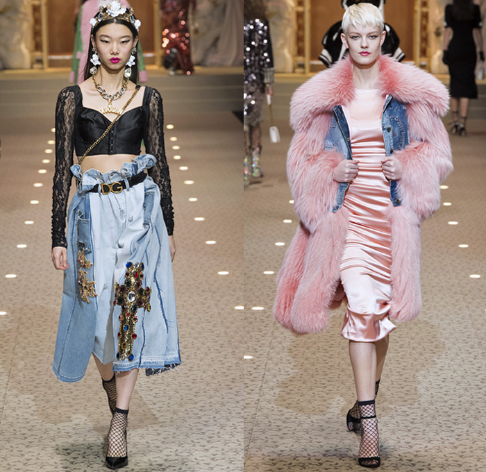 Dolce + Gabbana 2018-2019 Fall Autumn Winter Womens Runway Looks - Milan Fashion Week Italy - Leopard Zebra Embroidery Sequins Jewels Trinkets Ruffles Patches Pop Art Cherubs Religious Cross Feathers Cow Brocade Velvet Fringes Flowers Tulle Veil Brooch Lace Up Corset Tassels Houndstooth Tweed Hearts Pinstripe Fur Coat Pantsuit Robe Strapless Knit Cardigan Pussycat Bow Street Denim Jeans Tiered Stockings Jogger Wide Leg Dress Bag Chain Heels Tiara Beret Box Thurible Dinnerware Teddy Bear Boots