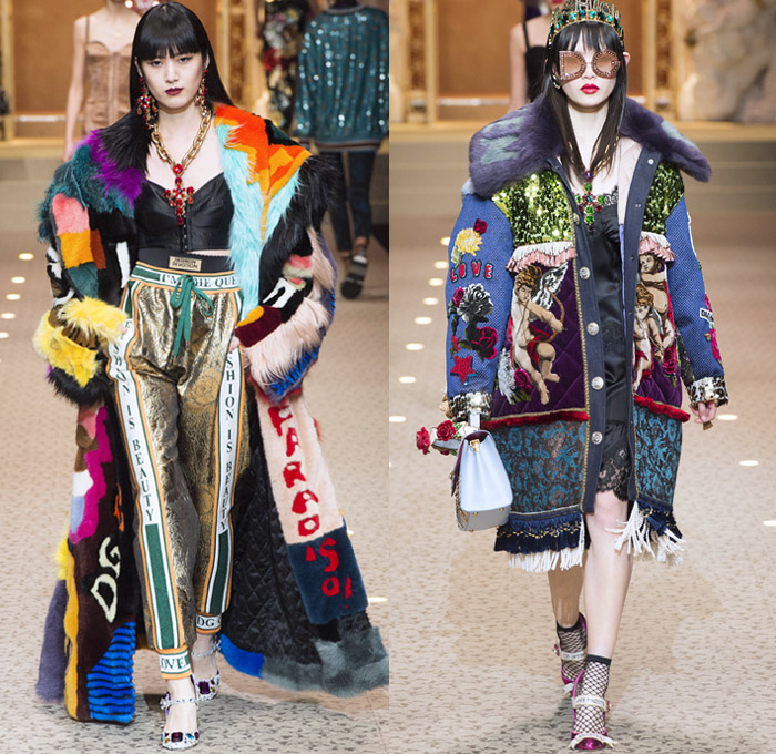 Dolce + Gabbana 2018-2019 Fall Autumn Winter Womens Runway Looks - Milan Fashion Week Italy - Leopard Zebra Embroidery Sequins Jewels Trinkets Ruffles Patches Pop Art Cherubs Religious Cross Feathers Cow Brocade Velvet Fringes Flowers Tulle Veil Brooch Lace Up Corset Tassels Houndstooth Tweed Hearts Pinstripe Fur Coat Pantsuit Robe Strapless Knit Cardigan Pussycat Bow Street Denim Jeans Tiered Stockings Jogger Wide Leg Dress Bag Chain Heels Tiara Beret Box Thurible Dinnerware Teddy Bear Boots