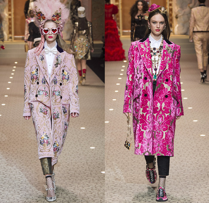 Dolce + Gabbana 2018-2019 Fall Autumn Winter Womens Runway Looks - Milan Fashion Week Italy - Leopard Zebra Embroidery Sequins Jewels Trinkets Ruffles Patches Pop Art Cherubs Religious Cross Feathers Cow Brocade Velvet Fringes Flowers Tulle Veil Brooch Lace Up Corset Tassels Houndstooth Tweed Hearts Pinstripe Fur Coat Pantsuit Robe Strapless Knit Cardigan Pussycat Bow Street Denim Jeans Tiered Stockings Jogger Wide Leg Dress Bag Chain Heels Tiara Beret Box Thurible Dinnerware Teddy Bear Boots