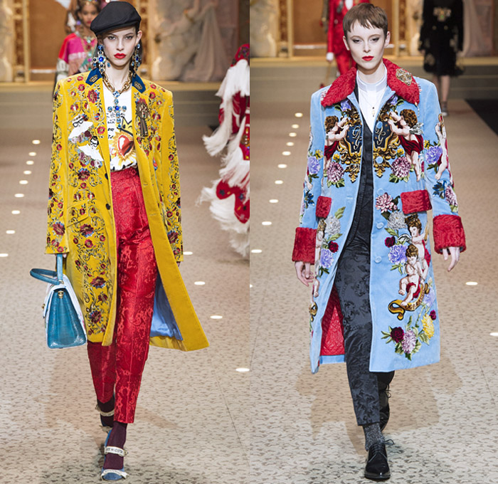 Dolce + Gabbana 2018-2019 Fall Autumn Winter Womens Runway Looks - Milan Fashion Week Italy - Leopard Zebra Embroidery Sequins Jewels Trinkets Ruffles Patches Pop Art Cherubs Religious Cross Feathers Cow Brocade Velvet Fringes Flowers Tulle Veil Brooch Lace Up Corset Tassels Houndstooth Tweed Hearts Pinstripe Fur Coat Pantsuit Robe Strapless Knit Cardigan Pussycat Bow Street Denim Jeans Tiered Stockings Jogger Wide Leg Dress Bag Chain Heels Tiara Beret Box Thurible Dinnerware Teddy Bear Boots