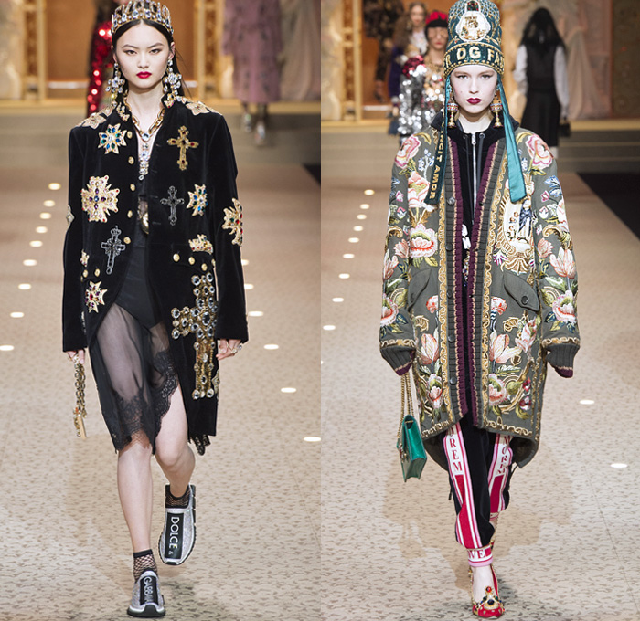 Dolce + Gabbana 2018-2019 Fall Autumn Winter Womens Runway Looks - Milan Fashion Week Italy - Leopard Zebra Embroidery Sequins Jewels Trinkets Ruffles Patches Pop Art Cherubs Religious Cross Feathers Cow Brocade Velvet Fringes Flowers Tulle Veil Brooch Lace Up Corset Tassels Houndstooth Tweed Hearts Pinstripe Fur Coat Pantsuit Robe Strapless Knit Cardigan Pussycat Bow Street Denim Jeans Tiered Stockings Jogger Wide Leg Dress Bag Chain Heels Tiara Beret Box Thurible Dinnerware Teddy Bear Boots