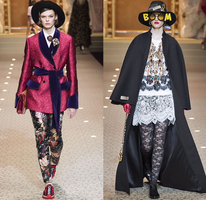 Dolce + Gabbana 2018-2019 Fall Autumn Winter Womens Runway Looks - Milan Fashion Week Italy - Leopard Zebra Embroidery Sequins Jewels Trinkets Ruffles Patches Pop Art Cherubs Religious Cross Feathers Cow Brocade Velvet Fringes Flowers Tulle Veil Brooch Lace Up Corset Tassels Houndstooth Tweed Hearts Pinstripe Fur Coat Pantsuit Robe Strapless Knit Cardigan Pussycat Bow Street Denim Jeans Tiered Stockings Jogger Wide Leg Dress Bag Chain Heels Tiara Beret Box Thurible Dinnerware Teddy Bear Boots