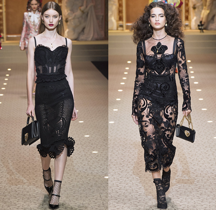 Dolce + Gabbana 2018-2019 Fall Autumn Winter Womens Runway Looks - Milan Fashion Week Italy - Leopard Zebra Embroidery Sequins Jewels Trinkets Ruffles Patches Pop Art Cherubs Religious Cross Feathers Cow Brocade Velvet Fringes Flowers Tulle Veil Brooch Lace Up Corset Tassels Houndstooth Tweed Hearts Pinstripe Fur Coat Pantsuit Robe Strapless Knit Cardigan Pussycat Bow Street Denim Jeans Tiered Stockings Jogger Wide Leg Dress Bag Chain Heels Tiara Beret Box Thurible Dinnerware Teddy Bear Boots