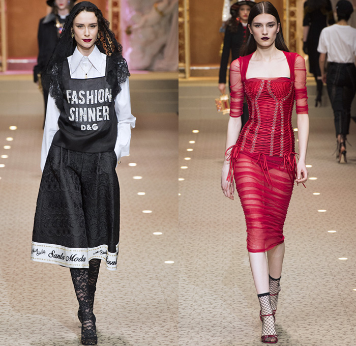 Dolce + Gabbana 2018-2019 Fall Autumn Winter Womens Runway Looks - Milan Fashion Week Italy - Leopard Zebra Embroidery Sequins Jewels Trinkets Ruffles Patches Pop Art Cherubs Religious Cross Feathers Cow Brocade Velvet Fringes Flowers Tulle Veil Brooch Lace Up Corset Tassels Houndstooth Tweed Hearts Pinstripe Fur Coat Pantsuit Robe Strapless Knit Cardigan Pussycat Bow Street Denim Jeans Tiered Stockings Jogger Wide Leg Dress Bag Chain Heels Tiara Beret Box Thurible Dinnerware Teddy Bear Boots