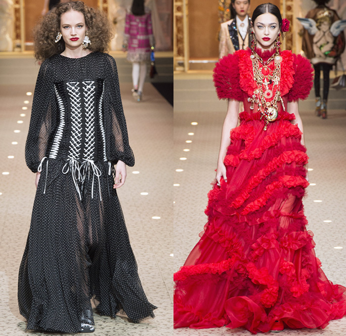 Dolce + Gabbana 2018-2019 Fall Autumn Winter Womens Runway Looks - Milan Fashion Week Italy - Leopard Zebra Embroidery Sequins Jewels Trinkets Ruffles Patches Pop Art Cherubs Religious Cross Feathers Cow Brocade Velvet Fringes Flowers Tulle Veil Brooch Lace Up Corset Tassels Houndstooth Tweed Hearts Pinstripe Fur Coat Pantsuit Robe Strapless Knit Cardigan Pussycat Bow Street Denim Jeans Tiered Stockings Jogger Wide Leg Dress Bag Chain Heels Tiara Beret Box Thurible Dinnerware Teddy Bear Boots