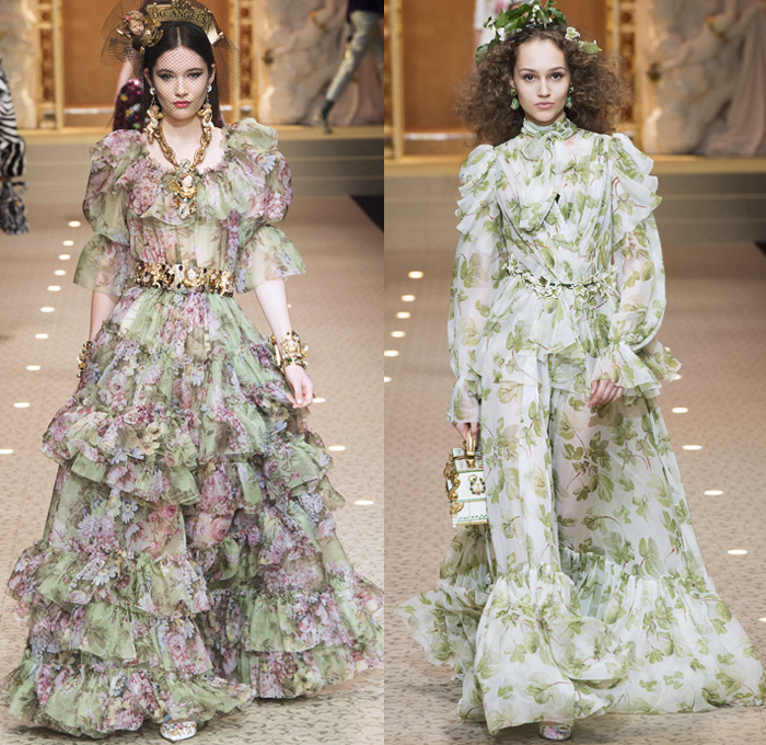 Dolce + Gabbana 2018-2019 Fall Autumn Winter Womens Runway Looks - Milan Fashion Week Italy - Leopard Zebra Embroidery Sequins Jewels Trinkets Ruffles Patches Pop Art Cherubs Religious Cross Feathers Cow Brocade Velvet Fringes Flowers Tulle Veil Brooch Lace Up Corset Tassels Houndstooth Tweed Hearts Pinstripe Fur Coat Pantsuit Robe Strapless Knit Cardigan Pussycat Bow Street Denim Jeans Tiered Stockings Jogger Wide Leg Dress Bag Chain Heels Tiara Beret Box Thurible Dinnerware Teddy Bear Boots