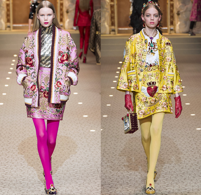 Dolce + Gabbana 2018-2019 Fall Autumn Winter Womens Runway Looks - Milan Fashion Week Italy - Leopard Zebra Embroidery Sequins Jewels Trinkets Ruffles Patches Pop Art Cherubs Religious Cross Feathers Cow Brocade Velvet Fringes Flowers Tulle Veil Brooch Lace Up Corset Tassels Houndstooth Tweed Hearts Pinstripe Fur Coat Pantsuit Robe Strapless Knit Cardigan Pussycat Bow Street Denim Jeans Tiered Stockings Jogger Wide Leg Dress Bag Chain Heels Tiara Beret Box Thurible Dinnerware Teddy Bear Boots