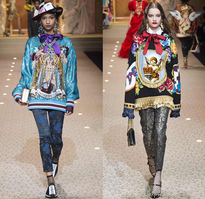 Dolce + Gabbana 2018-2019 Fall Autumn Winter Womens Runway Looks - Milan Fashion Week Italy - Leopard Zebra Embroidery Sequins Jewels Trinkets Ruffles Patches Pop Art Cherubs Religious Cross Feathers Cow Brocade Velvet Fringes Flowers Tulle Veil Brooch Lace Up Corset Tassels Houndstooth Tweed Hearts Pinstripe Fur Coat Pantsuit Robe Strapless Knit Cardigan Pussycat Bow Street Denim Jeans Tiered Stockings Jogger Wide Leg Dress Bag Chain Heels Tiara Beret Box Thurible Dinnerware Teddy Bear Boots