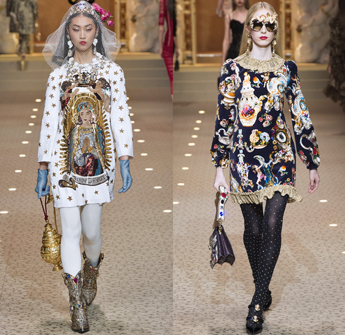 Dolce + Gabbana 2018-2019 Fall Autumn Winter Womens Runway Looks - Milan Fashion Week Italy - Leopard Zebra Embroidery Sequins Jewels Trinkets Ruffles Patches Pop Art Cherubs Religious Cross Feathers Cow Brocade Velvet Fringes Flowers Tulle Veil Brooch Lace Up Corset Tassels Houndstooth Tweed Hearts Pinstripe Fur Coat Pantsuit Robe Strapless Knit Cardigan Pussycat Bow Street Denim Jeans Tiered Stockings Jogger Wide Leg Dress Bag Chain Heels Tiara Beret Box Thurible Dinnerware Teddy Bear Boots