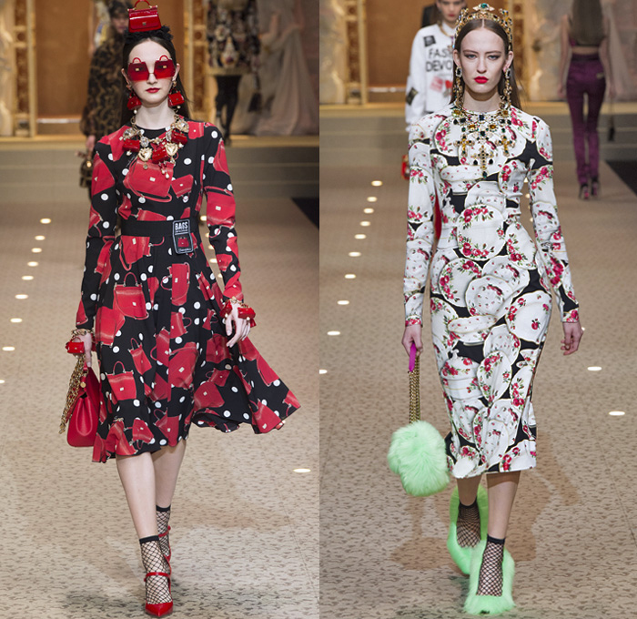 Dolce + Gabbana 2018-2019 Fall Autumn Winter Womens Runway Looks - Milan Fashion Week Italy - Leopard Zebra Embroidery Sequins Jewels Trinkets Ruffles Patches Pop Art Cherubs Religious Cross Feathers Cow Brocade Velvet Fringes Flowers Tulle Veil Brooch Lace Up Corset Tassels Houndstooth Tweed Hearts Pinstripe Fur Coat Pantsuit Robe Strapless Knit Cardigan Pussycat Bow Street Denim Jeans Tiered Stockings Jogger Wide Leg Dress Bag Chain Heels Tiara Beret Box Thurible Dinnerware Teddy Bear Boots