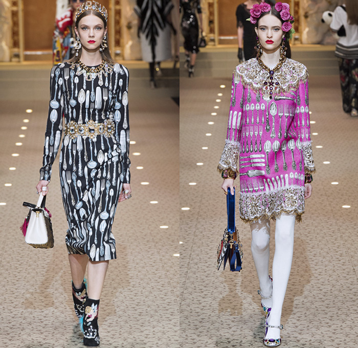 Dolce + Gabbana 2018-2019 Fall Autumn Winter Womens Runway Looks - Milan Fashion Week Italy - Leopard Zebra Embroidery Sequins Jewels Trinkets Ruffles Patches Pop Art Cherubs Religious Cross Feathers Cow Brocade Velvet Fringes Flowers Tulle Veil Brooch Lace Up Corset Tassels Houndstooth Tweed Hearts Pinstripe Fur Coat Pantsuit Robe Strapless Knit Cardigan Pussycat Bow Street Denim Jeans Tiered Stockings Jogger Wide Leg Dress Bag Chain Heels Tiara Beret Box Thurible Dinnerware Teddy Bear Boots