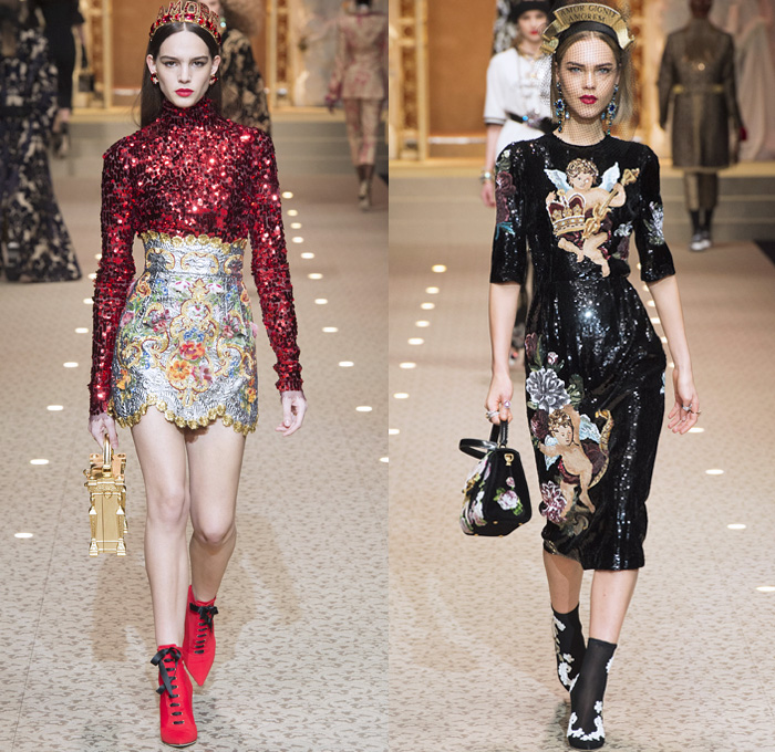 Dolce + Gabbana 2018-2019 Fall Autumn Winter Womens Runway Looks - Milan Fashion Week Italy - Leopard Zebra Embroidery Sequins Jewels Trinkets Ruffles Patches Pop Art Cherubs Religious Cross Feathers Cow Brocade Velvet Fringes Flowers Tulle Veil Brooch Lace Up Corset Tassels Houndstooth Tweed Hearts Pinstripe Fur Coat Pantsuit Robe Strapless Knit Cardigan Pussycat Bow Street Denim Jeans Tiered Stockings Jogger Wide Leg Dress Bag Chain Heels Tiara Beret Box Thurible Dinnerware Teddy Bear Boots