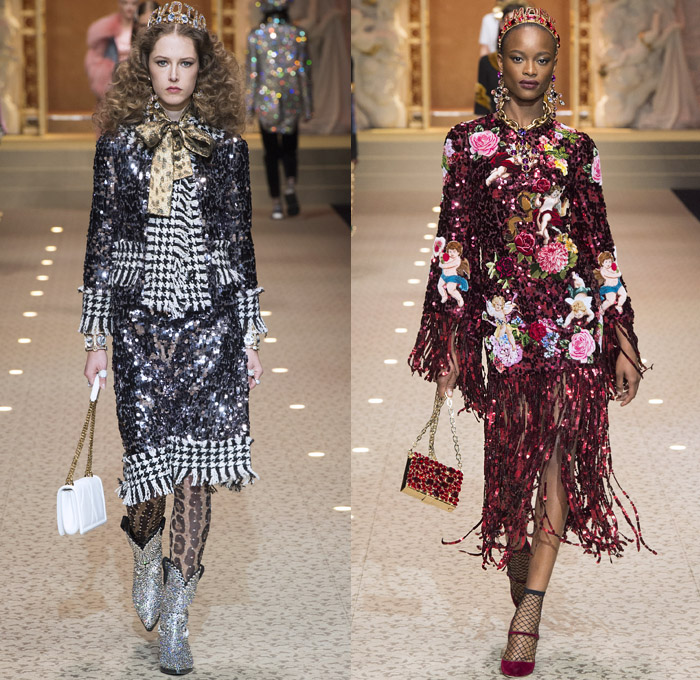 Dolce + Gabbana 2018-2019 Fall Autumn Winter Womens Runway Looks - Milan Fashion Week Italy - Leopard Zebra Embroidery Sequins Jewels Trinkets Ruffles Patches Pop Art Cherubs Religious Cross Feathers Cow Brocade Velvet Fringes Flowers Tulle Veil Brooch Lace Up Corset Tassels Houndstooth Tweed Hearts Pinstripe Fur Coat Pantsuit Robe Strapless Knit Cardigan Pussycat Bow Street Denim Jeans Tiered Stockings Jogger Wide Leg Dress Bag Chain Heels Tiara Beret Box Thurible Dinnerware Teddy Bear Boots