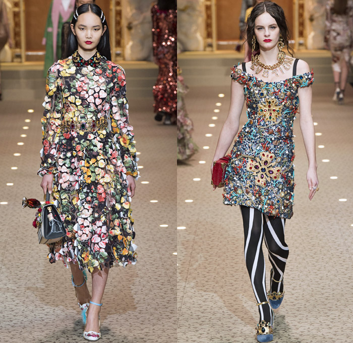 Dolce + Gabbana 2018-2019 Fall Autumn Winter Womens Runway Looks - Milan Fashion Week Italy - Leopard Zebra Embroidery Sequins Jewels Trinkets Ruffles Patches Pop Art Cherubs Religious Cross Feathers Cow Brocade Velvet Fringes Flowers Tulle Veil Brooch Lace Up Corset Tassels Houndstooth Tweed Hearts Pinstripe Fur Coat Pantsuit Robe Strapless Knit Cardigan Pussycat Bow Street Denim Jeans Tiered Stockings Jogger Wide Leg Dress Bag Chain Heels Tiara Beret Box Thurible Dinnerware Teddy Bear Boots