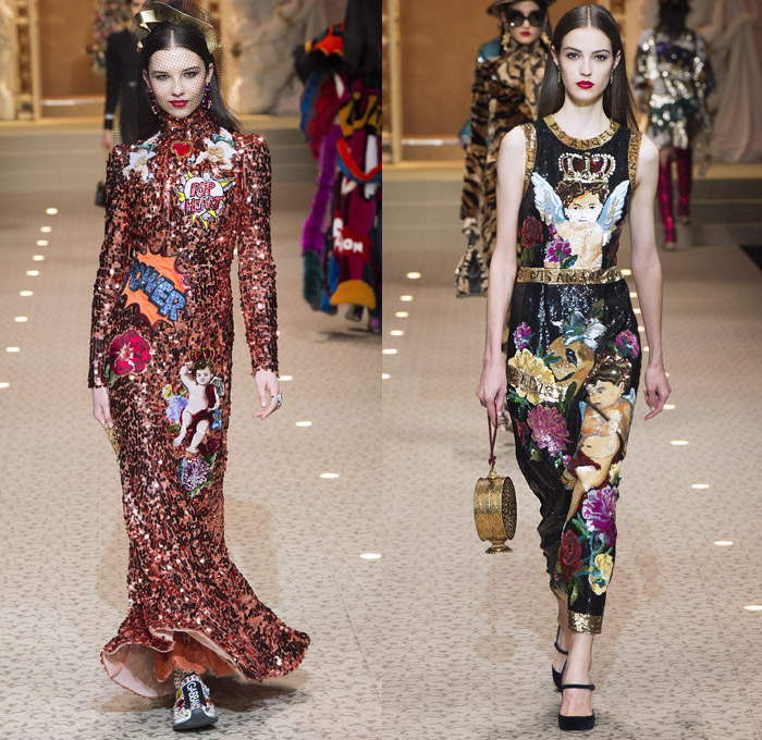 Dolce + Gabbana 2018-2019 Fall Autumn Winter Womens Runway Looks - Milan Fashion Week Italy - Leopard Zebra Embroidery Sequins Jewels Trinkets Ruffles Patches Pop Art Cherubs Religious Cross Feathers Cow Brocade Velvet Fringes Flowers Tulle Veil Brooch Lace Up Corset Tassels Houndstooth Tweed Hearts Pinstripe Fur Coat Pantsuit Robe Strapless Knit Cardigan Pussycat Bow Street Denim Jeans Tiered Stockings Jogger Wide Leg Dress Bag Chain Heels Tiara Beret Box Thurible Dinnerware Teddy Bear Boots