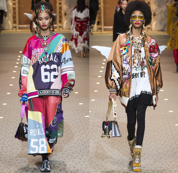 Dolce + Gabbana 2018-2019 Fall Autumn Winter Womens Runway Looks - Milan Fashion Week Italy - Leopard Zebra Embroidery Sequins Jewels Trinkets Ruffles Patches Pop Art Cherubs Religious Cross Feathers Cow Brocade Velvet Fringes Flowers Tulle Veil Brooch Lace Up Corset Tassels Houndstooth Tweed Hearts Pinstripe Fur Coat Pantsuit Robe Strapless Knit Cardigan Pussycat Bow Street Denim Jeans Tiered Stockings Jogger Wide Leg Dress Bag Chain Heels Tiara Beret Box Thurible Dinnerware Teddy Bear Boots