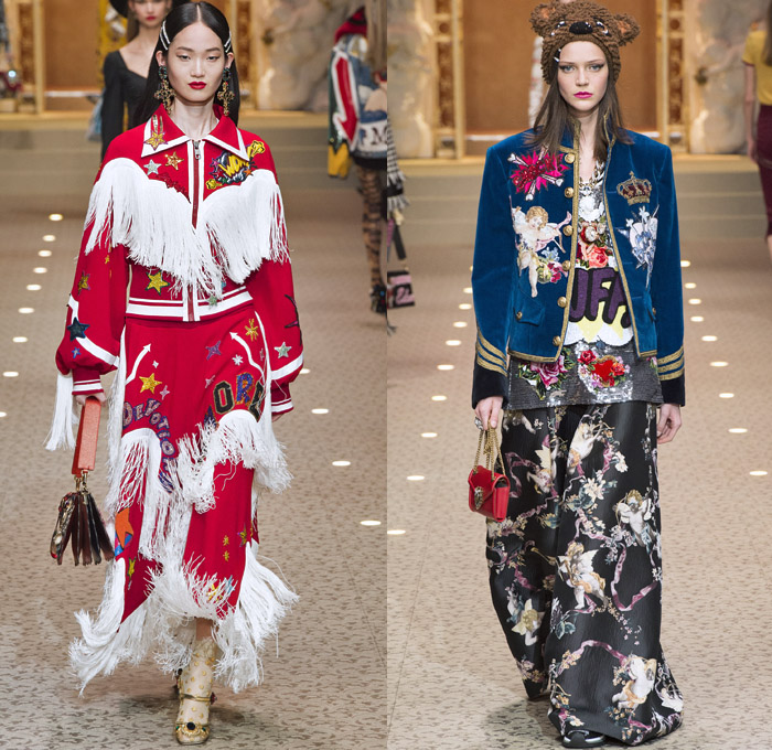 Dolce + Gabbana 2018-2019 Fall Autumn Winter Womens Runway Looks - Milan Fashion Week Italy - Leopard Zebra Embroidery Sequins Jewels Trinkets Ruffles Patches Pop Art Cherubs Religious Cross Feathers Cow Brocade Velvet Fringes Flowers Tulle Veil Brooch Lace Up Corset Tassels Houndstooth Tweed Hearts Pinstripe Fur Coat Pantsuit Robe Strapless Knit Cardigan Pussycat Bow Street Denim Jeans Tiered Stockings Jogger Wide Leg Dress Bag Chain Heels Tiara Beret Box Thurible Dinnerware Teddy Bear Boots