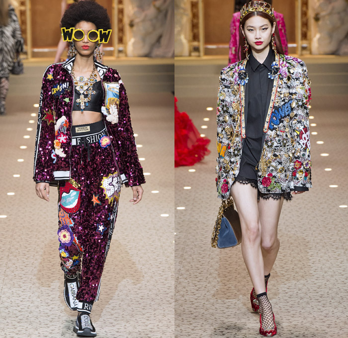 Dolce + Gabbana 2018-2019 Fall Autumn Winter Womens Runway Looks - Milan Fashion Week Italy - Leopard Zebra Embroidery Sequins Jewels Trinkets Ruffles Patches Pop Art Cherubs Religious Cross Feathers Cow Brocade Velvet Fringes Flowers Tulle Veil Brooch Lace Up Corset Tassels Houndstooth Tweed Hearts Pinstripe Fur Coat Pantsuit Robe Strapless Knit Cardigan Pussycat Bow Street Denim Jeans Tiered Stockings Jogger Wide Leg Dress Bag Chain Heels Tiara Beret Box Thurible Dinnerware Teddy Bear Boots