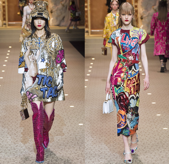 Dolce + Gabbana 2018-2019 Fall Autumn Winter Womens Runway Looks - Milan Fashion Week Italy - Leopard Zebra Embroidery Sequins Jewels Trinkets Ruffles Patches Pop Art Cherubs Religious Cross Feathers Cow Brocade Velvet Fringes Flowers Tulle Veil Brooch Lace Up Corset Tassels Houndstooth Tweed Hearts Pinstripe Fur Coat Pantsuit Robe Strapless Knit Cardigan Pussycat Bow Street Denim Jeans Tiered Stockings Jogger Wide Leg Dress Bag Chain Heels Tiara Beret Box Thurible Dinnerware Teddy Bear Boots