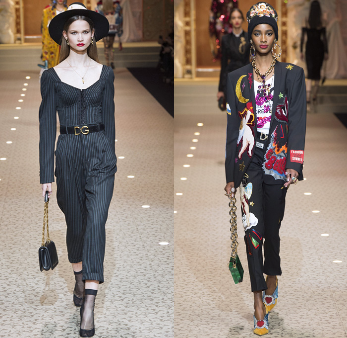 Dolce + Gabbana 2018-2019 Fall Autumn Winter Womens Runway Looks - Milan Fashion Week Italy - Leopard Zebra Embroidery Sequins Jewels Trinkets Ruffles Patches Pop Art Cherubs Religious Cross Feathers Cow Brocade Velvet Fringes Flowers Tulle Veil Brooch Lace Up Corset Tassels Houndstooth Tweed Hearts Pinstripe Fur Coat Pantsuit Robe Strapless Knit Cardigan Pussycat Bow Street Denim Jeans Tiered Stockings Jogger Wide Leg Dress Bag Chain Heels Tiara Beret Box Thurible Dinnerware Teddy Bear Boots