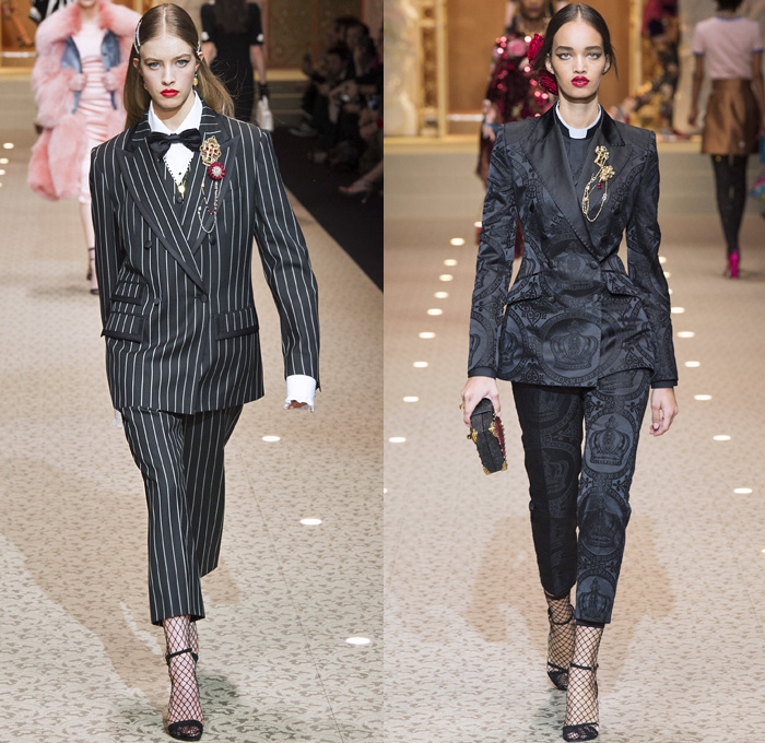 Dolce + Gabbana 2018-2019 Fall Autumn Winter Womens Runway Looks - Milan Fashion Week Italy - Leopard Zebra Embroidery Sequins Jewels Trinkets Ruffles Patches Pop Art Cherubs Religious Cross Feathers Cow Brocade Velvet Fringes Flowers Tulle Veil Brooch Lace Up Corset Tassels Houndstooth Tweed Hearts Pinstripe Fur Coat Pantsuit Robe Strapless Knit Cardigan Pussycat Bow Street Denim Jeans Tiered Stockings Jogger Wide Leg Dress Bag Chain Heels Tiara Beret Box Thurible Dinnerware Teddy Bear Boots