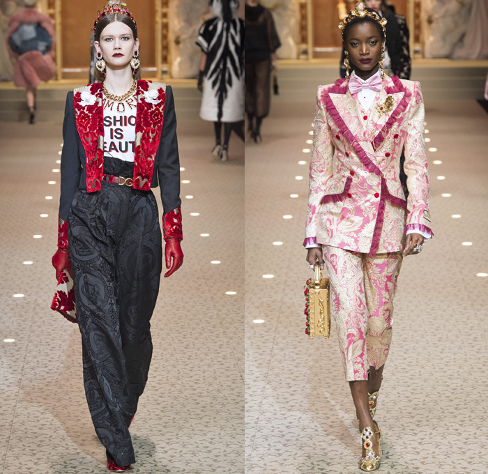 Dolce + Gabbana 2018-2019 Fall Autumn Winter Womens Runway Looks - Milan Fashion Week Italy - Leopard Zebra Embroidery Sequins Jewels Trinkets Ruffles Patches Pop Art Cherubs Religious Cross Feathers Cow Brocade Velvet Fringes Flowers Tulle Veil Brooch Lace Up Corset Tassels Houndstooth Tweed Hearts Pinstripe Fur Coat Pantsuit Robe Strapless Knit Cardigan Pussycat Bow Street Denim Jeans Tiered Stockings Jogger Wide Leg Dress Bag Chain Heels Tiara Beret Box Thurible Dinnerware Teddy Bear Boots