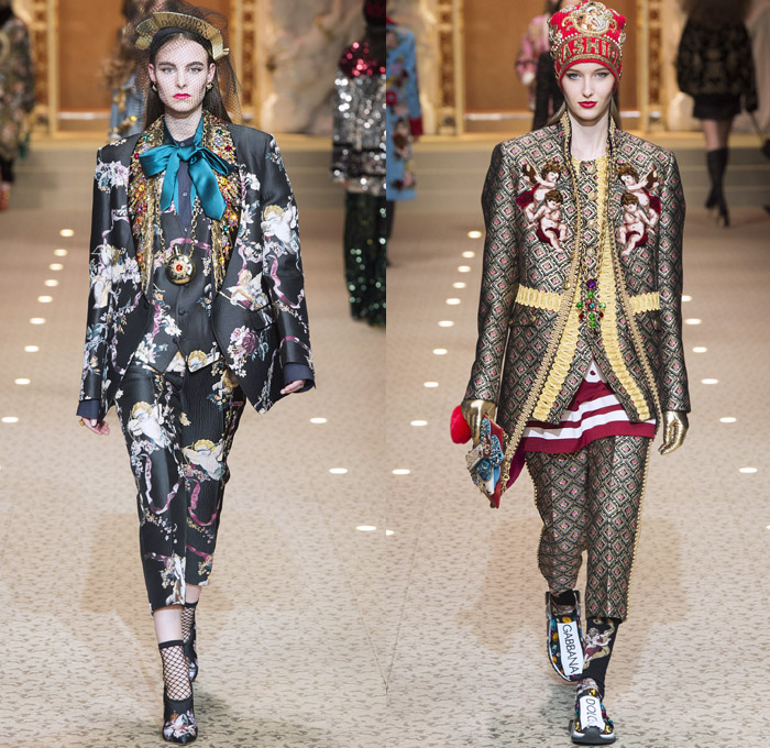 Dolce + Gabbana 2018-2019 Fall Autumn Winter Womens Runway Looks - Milan Fashion Week Italy - Leopard Zebra Embroidery Sequins Jewels Trinkets Ruffles Patches Pop Art Cherubs Religious Cross Feathers Cow Brocade Velvet Fringes Flowers Tulle Veil Brooch Lace Up Corset Tassels Houndstooth Tweed Hearts Pinstripe Fur Coat Pantsuit Robe Strapless Knit Cardigan Pussycat Bow Street Denim Jeans Tiered Stockings Jogger Wide Leg Dress Bag Chain Heels Tiara Beret Box Thurible Dinnerware Teddy Bear Boots
