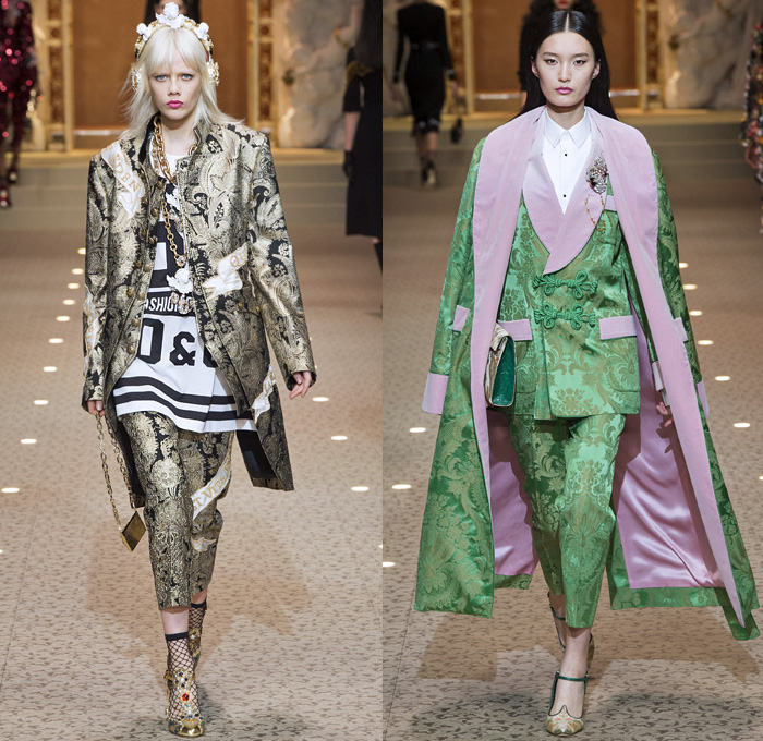 Dolce + Gabbana 2018-2019 Fall Autumn Winter Womens Runway Looks - Milan Fashion Week Italy - Leopard Zebra Embroidery Sequins Jewels Trinkets Ruffles Patches Pop Art Cherubs Religious Cross Feathers Cow Brocade Velvet Fringes Flowers Tulle Veil Brooch Lace Up Corset Tassels Houndstooth Tweed Hearts Pinstripe Fur Coat Pantsuit Robe Strapless Knit Cardigan Pussycat Bow Street Denim Jeans Tiered Stockings Jogger Wide Leg Dress Bag Chain Heels Tiara Beret Box Thurible Dinnerware Teddy Bear Boots