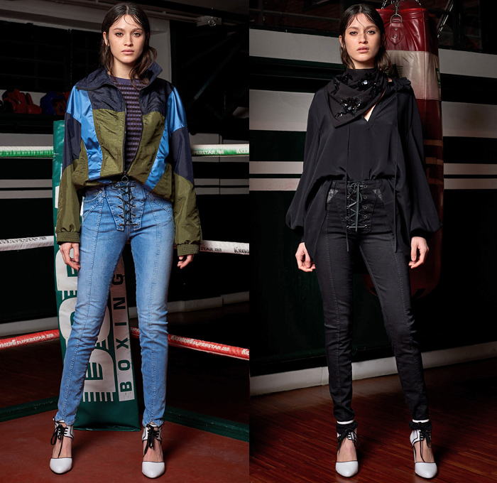 Dondup 2018-2019 Fall Autumn Winter Womens Lookbook Presentation - Milano Moda Donna Collezione Milan Fashion Week Italy - Fur Oversized Coat Pantsuit Blouse Knit Sweater Lace Up Denim Jeans Studs Leopard Sportswear Athleisure Trackwear Boxing Gym Silk Satin Embroidery Bedazzled Lasercut Holes Petals Flowers Floral Plaid Check Windowpane Argyle Tweed Biker Moto Pants Ruffles Accordion Pleats Plastic Sheer Tulle Wool Dress Miniskirt Leather Scarf Heels High Tops Boxing Boots