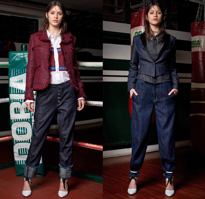 Dondup 2018-2019 Fall Autumn Winter Womens Lookbook Presentation - Milano Moda Donna Collezione Milan Fashion Week Italy - Fur Oversized Coat Pantsuit Blouse Knit Sweater Lace Up Denim Jeans Studs Leopard Sportswear Athleisure Trackwear Boxing Gym Silk Satin Embroidery Bedazzled Lasercut Holes Petals Flowers Floral Plaid Check Windowpane Argyle Tweed Biker Moto Pants Ruffles Accordion Pleats Plastic Sheer Tulle Wool Dress Miniskirt Leather Scarf Heels High Tops Boxing Boots