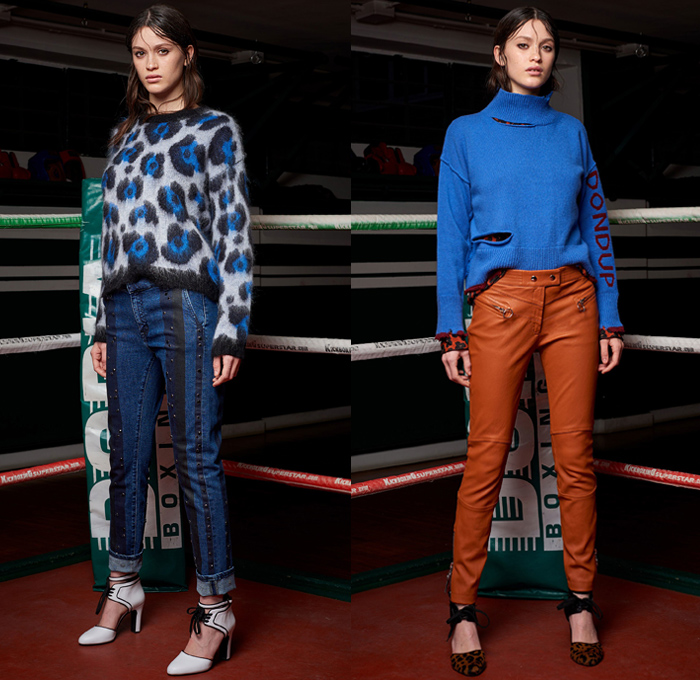Dondup 2018-2019 Fall Autumn Winter Womens Lookbook Presentation - Milano Moda Donna Collezione Milan Fashion Week Italy - Fur Oversized Coat Pantsuit Blouse Knit Sweater Lace Up Denim Jeans Studs Leopard Sportswear Athleisure Trackwear Boxing Gym Silk Satin Embroidery Bedazzled Lasercut Holes Petals Flowers Floral Plaid Check Windowpane Argyle Tweed Biker Moto Pants Ruffles Accordion Pleats Plastic Sheer Tulle Wool Dress Miniskirt Leather Scarf Heels High Tops Boxing Boots