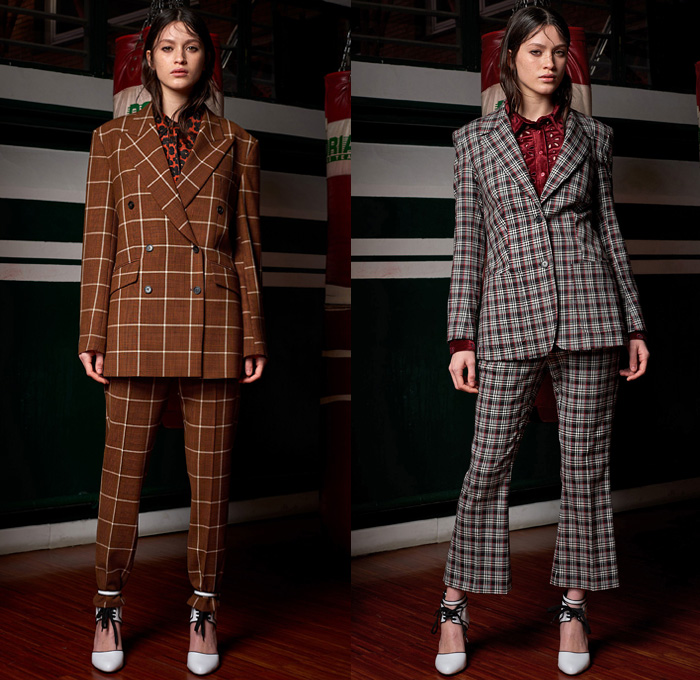 Dondup 2018-2019 Fall Autumn Winter Womens Lookbook Presentation - Milano Moda Donna Collezione Milan Fashion Week Italy - Fur Oversized Coat Pantsuit Blouse Knit Sweater Lace Up Denim Jeans Studs Leopard Sportswear Athleisure Trackwear Boxing Gym Silk Satin Embroidery Bedazzled Lasercut Holes Petals Flowers Floral Plaid Check Windowpane Argyle Tweed Biker Moto Pants Ruffles Accordion Pleats Plastic Sheer Tulle Wool Dress Miniskirt Leather Scarf Heels High Tops Boxing Boots