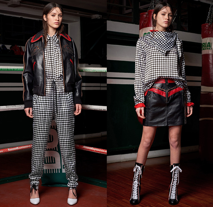 Dondup 2018-2019 Fall Autumn Winter Womens Lookbook Presentation - Milano Moda Donna Collezione Milan Fashion Week Italy - Fur Oversized Coat Pantsuit Blouse Knit Sweater Lace Up Denim Jeans Studs Leopard Sportswear Athleisure Trackwear Boxing Gym Silk Satin Embroidery Bedazzled Lasercut Holes Petals Flowers Floral Plaid Check Windowpane Argyle Tweed Biker Moto Pants Ruffles Accordion Pleats Plastic Sheer Tulle Wool Dress Miniskirt Leather Scarf Heels High Tops Boxing Boots