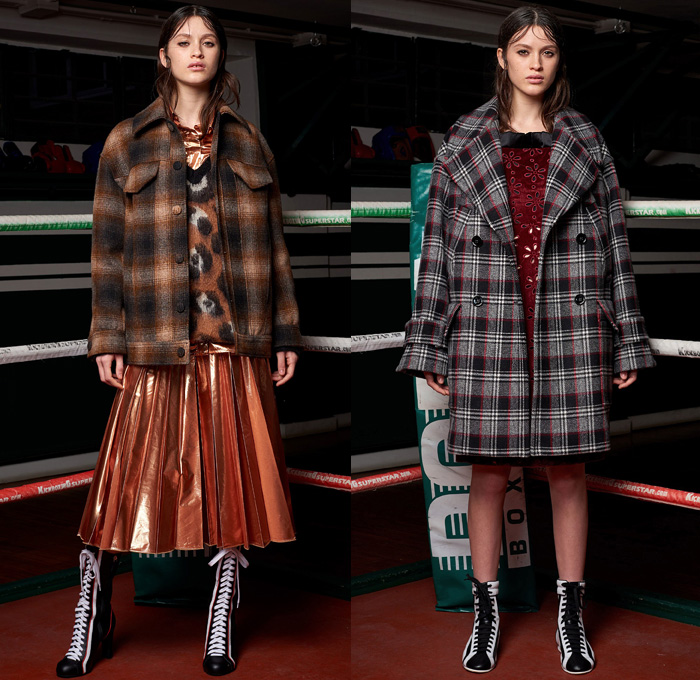 Dondup 2018-2019 Fall Autumn Winter Womens Lookbook Presentation - Milano Moda Donna Collezione Milan Fashion Week Italy - Fur Oversized Coat Pantsuit Blouse Knit Sweater Lace Up Denim Jeans Studs Leopard Sportswear Athleisure Trackwear Boxing Gym Silk Satin Embroidery Bedazzled Lasercut Holes Petals Flowers Floral Plaid Check Windowpane Argyle Tweed Biker Moto Pants Ruffles Accordion Pleats Plastic Sheer Tulle Wool Dress Miniskirt Leather Scarf Heels High Tops Boxing Boots