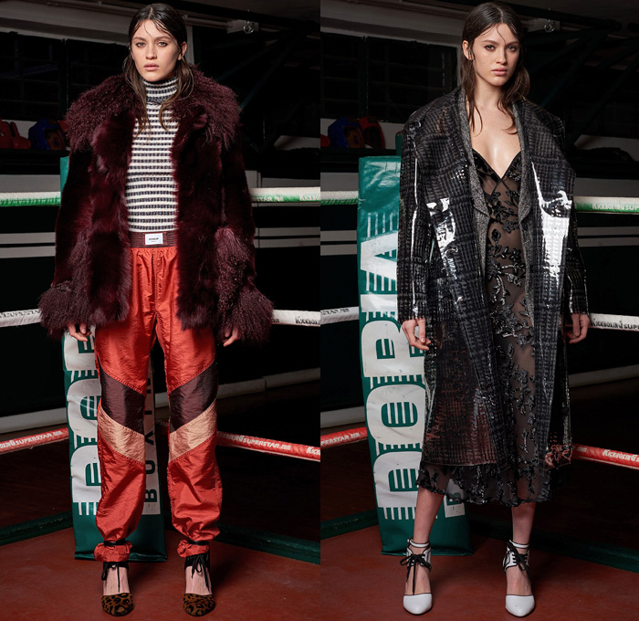 Dondup 2018-2019 Fall Autumn Winter Womens Lookbook Presentation - Milano Moda Donna Collezione Milan Fashion Week Italy - Fur Oversized Coat Pantsuit Blouse Knit Sweater Lace Up Denim Jeans Studs Leopard Sportswear Athleisure Trackwear Boxing Gym Silk Satin Embroidery Bedazzled Lasercut Holes Petals Flowers Floral Plaid Check Windowpane Argyle Tweed Biker Moto Pants Ruffles Accordion Pleats Plastic Sheer Tulle Wool Dress Miniskirt Leather Scarf Heels High Tops Boxing Boots