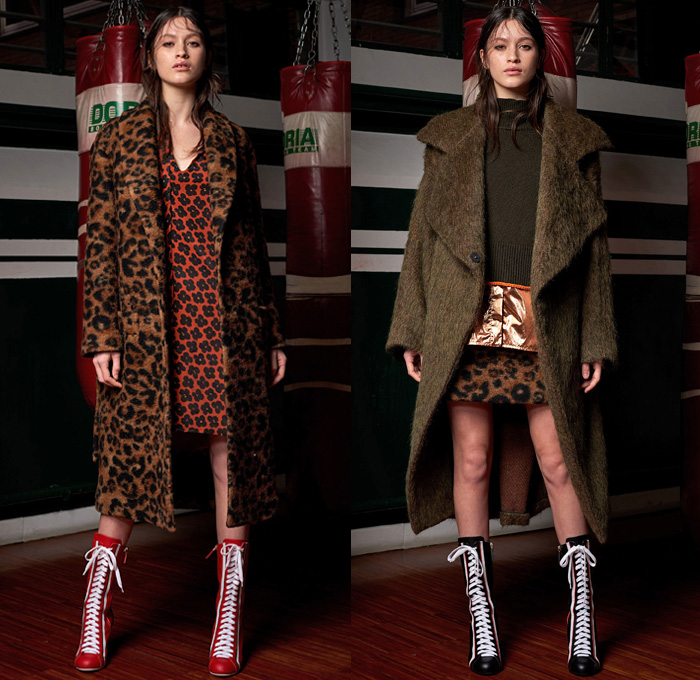 Dondup 2018-2019 Fall Autumn Winter Womens Lookbook Presentation - Milano Moda Donna Collezione Milan Fashion Week Italy - Fur Oversized Coat Pantsuit Blouse Knit Sweater Lace Up Denim Jeans Studs Leopard Sportswear Athleisure Trackwear Boxing Gym Silk Satin Embroidery Bedazzled Lasercut Holes Petals Flowers Floral Plaid Check Windowpane Argyle Tweed Biker Moto Pants Ruffles Accordion Pleats Plastic Sheer Tulle Wool Dress Miniskirt Leather Scarf Heels High Tops Boxing Boots