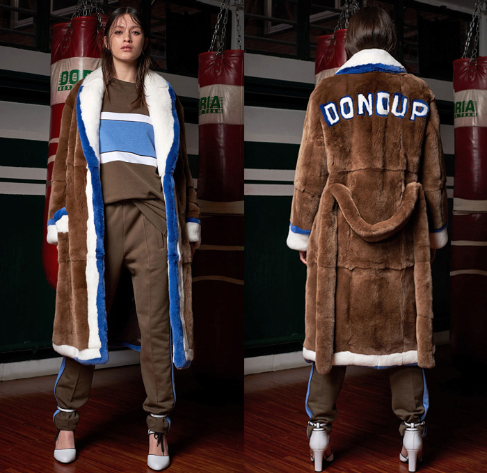 Dondup 2018-2019 Fall Autumn Winter Womens Lookbook Presentation - Milano Moda Donna Collezione Milan Fashion Week Italy - Fur Oversized Coat Pantsuit Blouse Knit Sweater Lace Up Denim Jeans Studs Leopard Sportswear Athleisure Trackwear Boxing Gym Silk Satin Embroidery Bedazzled Lasercut Holes Petals Flowers Floral Plaid Check Windowpane Argyle Tweed Biker Moto Pants Ruffles Accordion Pleats Plastic Sheer Tulle Wool Dress Miniskirt Leather Scarf Heels High Tops Boxing Boots