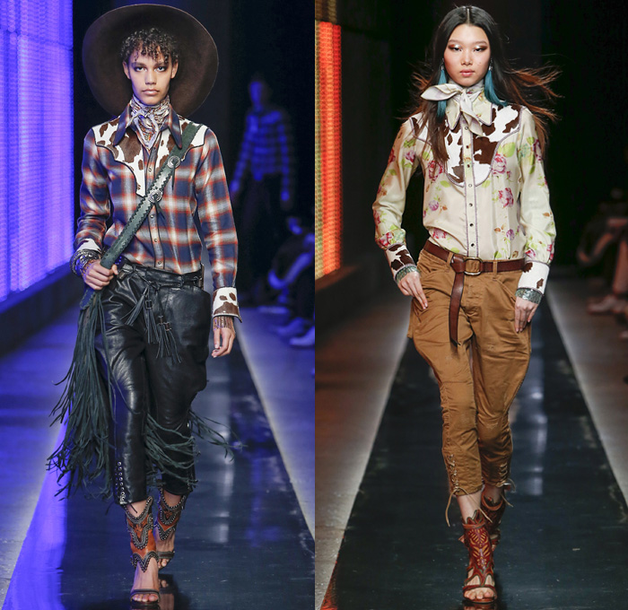 Dsquared2 2018-2019 Fall Autumn Winter Womens Runway Catwalk Looks - Milano Moda Uomo Milan Fashion Week Italy - Rhinestone Rebel Western Cowgirl Rodeo Silk Yokes Leather Suede Fringes Plaid Check Cow Pattern Embroidery Bedazzled Studs Sequins Flowers Floral Sheer Lace Plush Fur Shearling Horses Tassels Coat Marching Band Jacket Leg O'Mutton Sleeves Blouse Knit Sweater Crochet Vest Patchwork Jodhpurs Riding Breeches Leggings Peasant Prairie Dress Denim Jeans Hat Scarf Earrings Bolo Neck Tie Bag